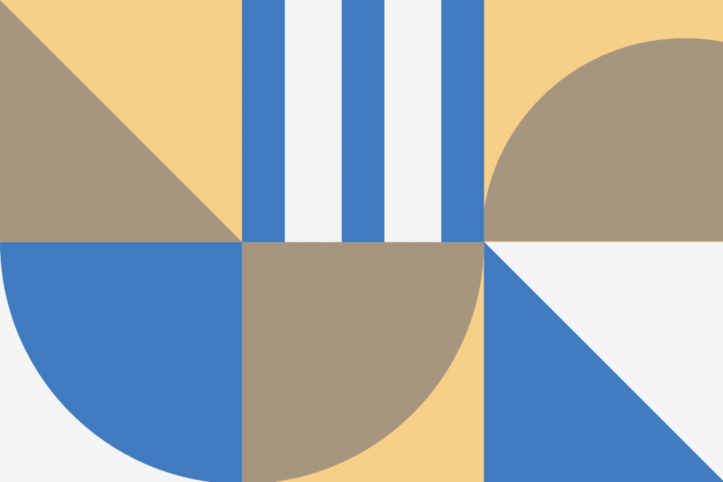 Graphics with color blocks and color shapes in blue, beige, yellow and white