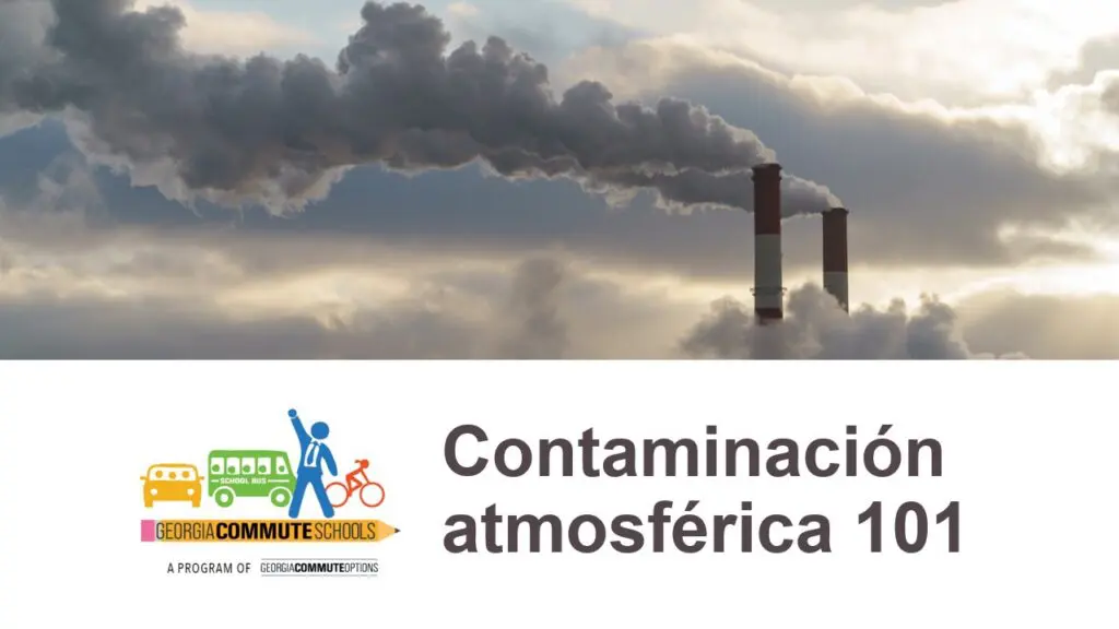 6 Factory smokestacks emit thick clouds of smoke into a cloudy sky. Below, text in Spanish reads "Contaminación atmosférica 101" next to a colorful logo for Georgia Commute Schools.