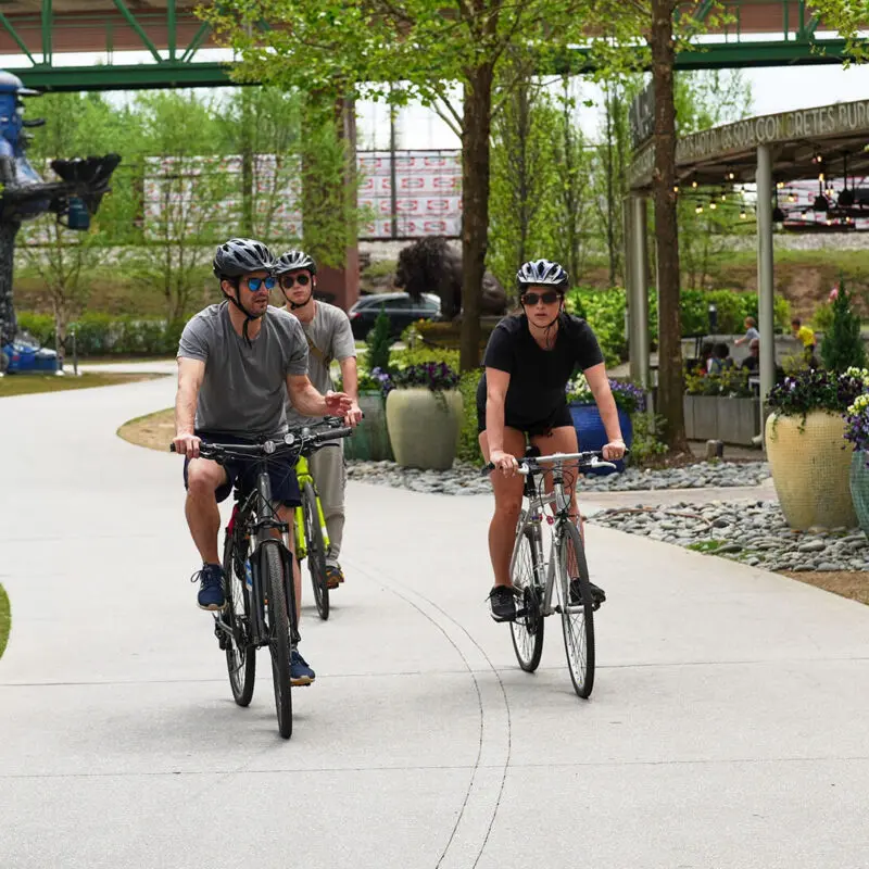 Three people wearing helmets ride bicycles on a curving path through a park with trees, plants, and a cafe nearby. Other people are seated outside the cafe. The scene is bright and lively.