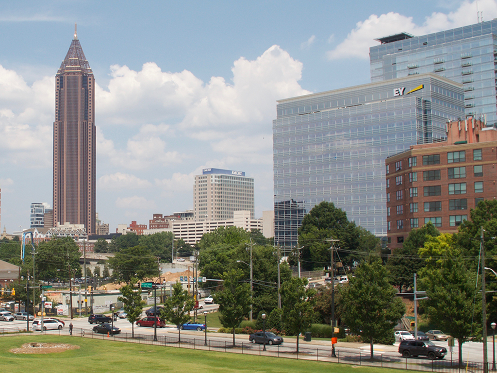 Photo of buildings and trees in Allen Plaza located in Downtown Atlanta.