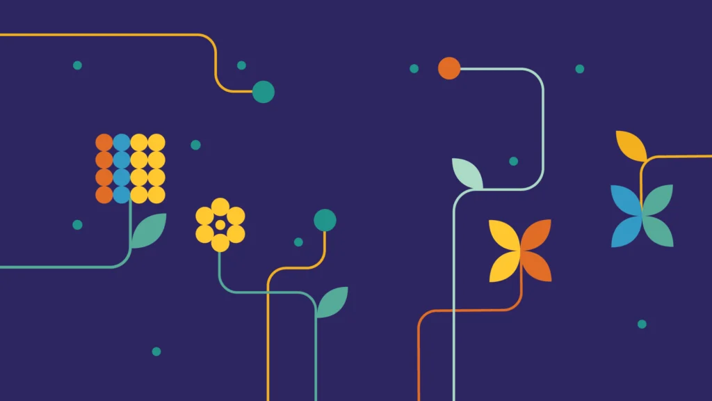 Abstract illustration on a dark blue background featuring colorful lines, dots, and stylized flowers and leaves in yellow, orange, teal, and red, creating a playful and modern design.