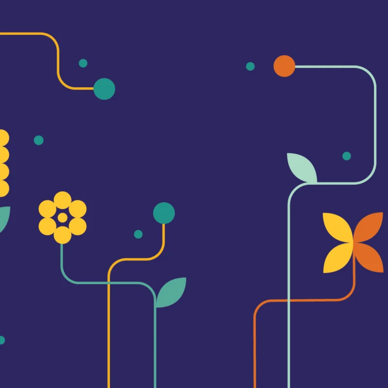 Abstract illustration on a dark blue background featuring colorful lines, dots, and stylized flowers and leaves in yellow, orange, teal, and red, creating a playful and modern design.