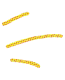 Three curved, yellow lines with red dots are arranged diagonally on a transparent background. The lines vary in length and are spaced apart, creating a dynamic, playful pattern.