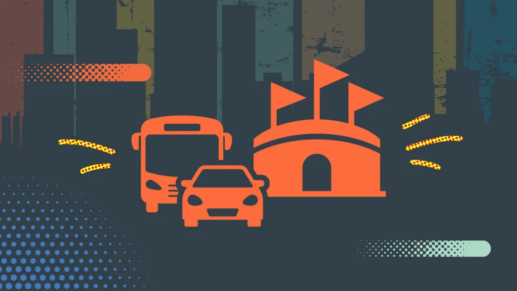 Orange icons of a bus, car, and stadium with flags on a dark, abstract city background, decorated with colorful dotted patterns and textured shapes.