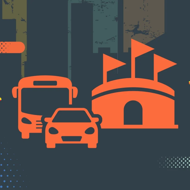 Orange icons of a bus, car, and stadium with flags on a dark, abstract city background, decorated with colorful dotted patterns and textured shapes.