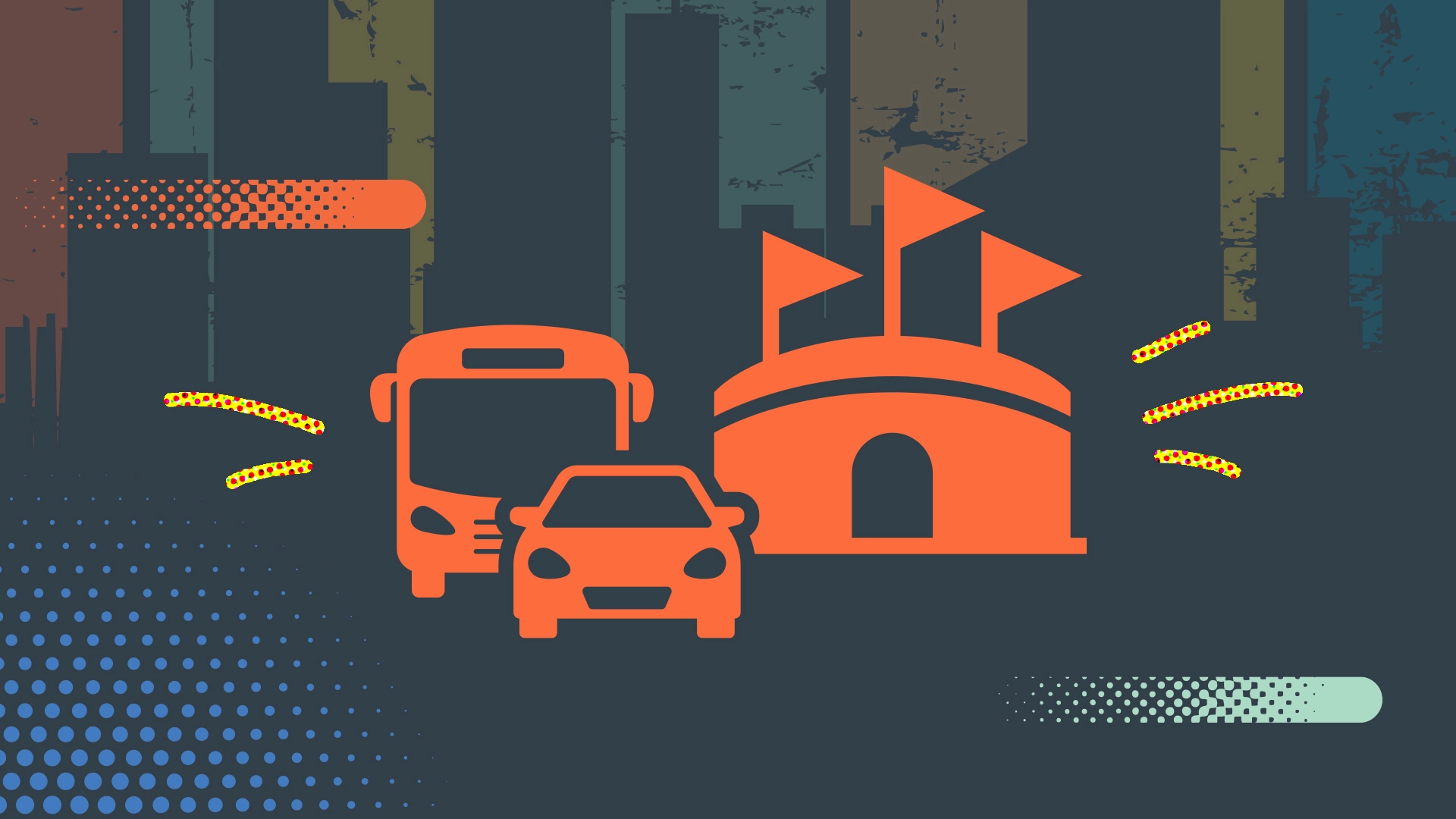 Orange icons of a bus, car, and stadium with flags on a dark, abstract city background, decorated with colorful dotted patterns and textured shapes.