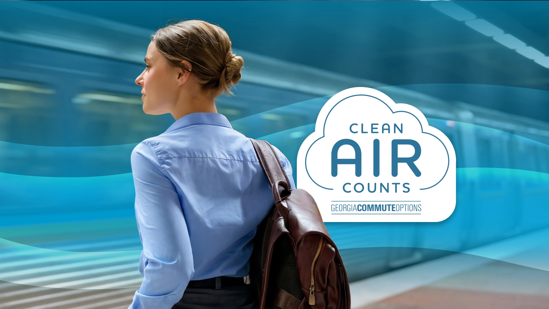 A woman with a backpack waits on a train platform. Next to her is a cloud-shaped graphic with the text "Clean Air Counts" and "Georgia Commute Options." A train is blurred in the background.