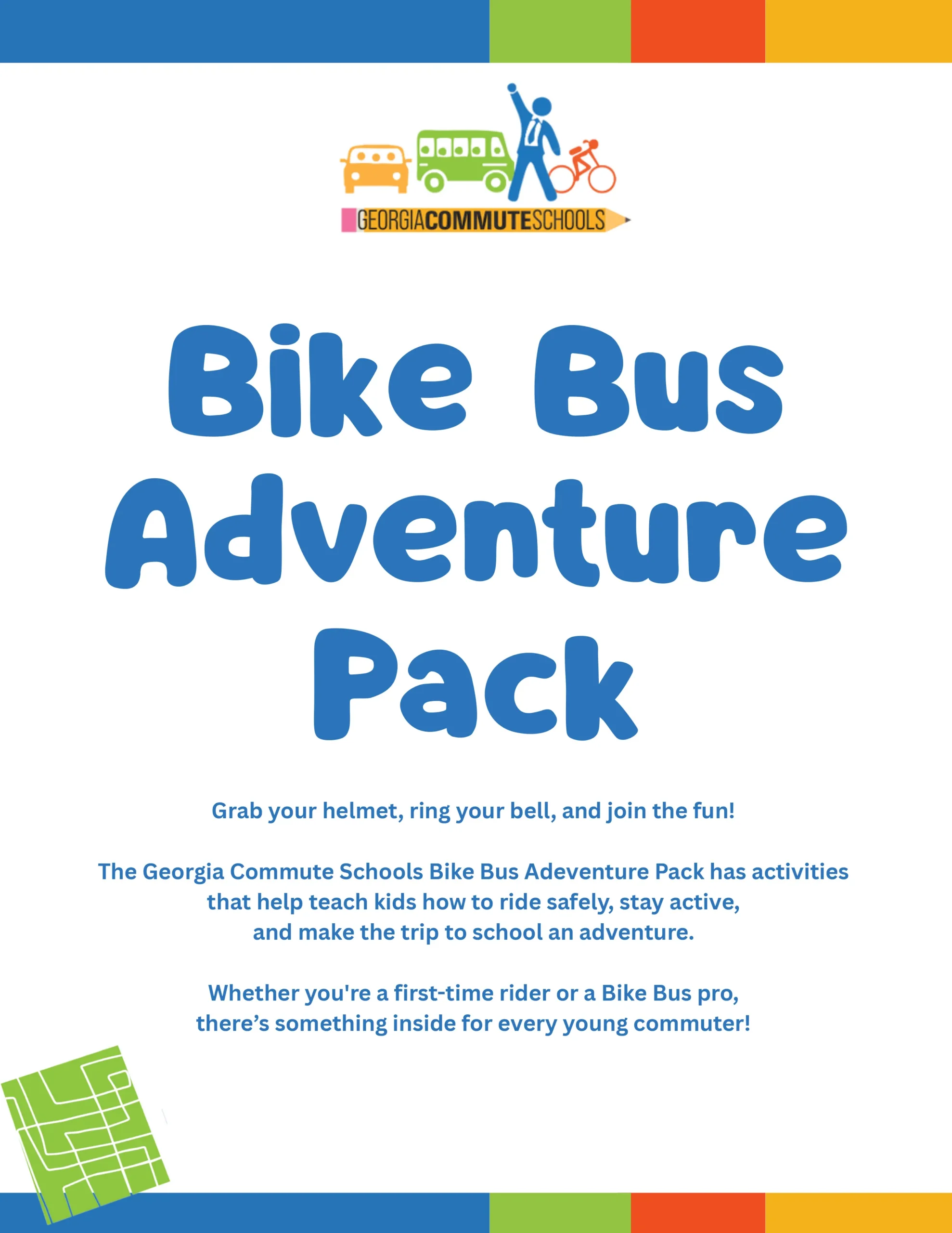 Cover page for the "Bike Bus Adventure Pack" by Georgia Commute Schools, with playful blue text, a small school bus and bike logo, and colorful arrow graphics at the corners.