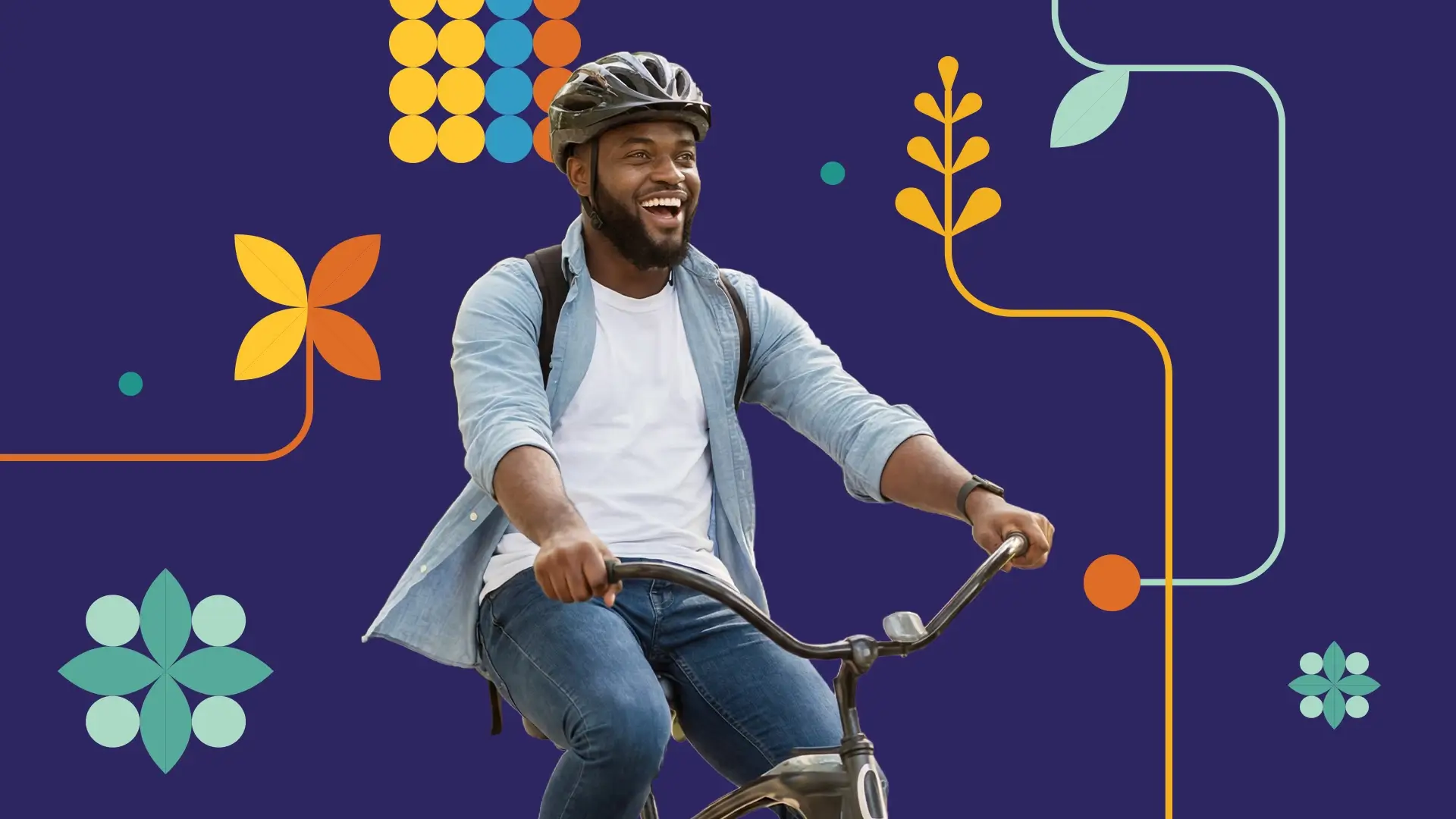 A smiling man wearing a helmet and backpack rides a bicycle against a dark blue background with colorful abstract shapes and leaves.