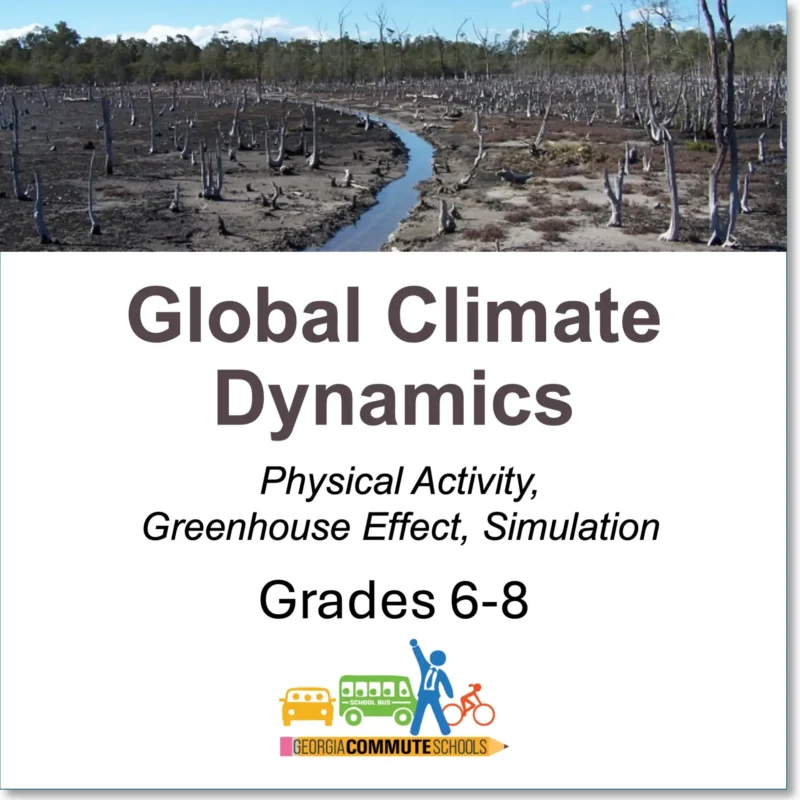 A barren, fire-damaged forest appears above text reading "Global Climate Dynamics: Physical Activity, Greenhouse Effect, Simulation. Grades 6-8." The Georgia Commute Schools logo is at the bottom.