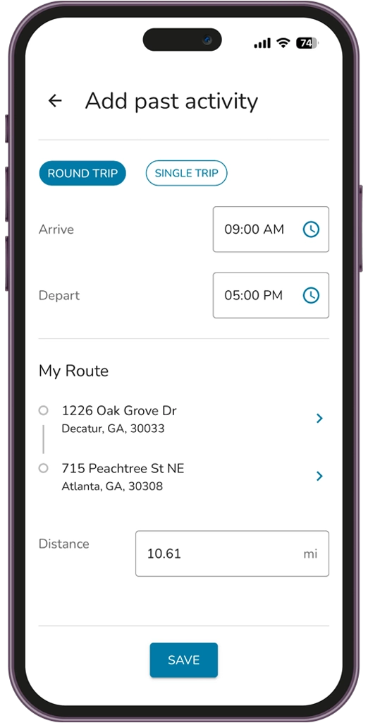 A smartphone screen displays a form titled "Add past activity," showing arrival and departure times, route options with addresses, distance of 10.61 miles, and a blue "Save" button at the bottom.