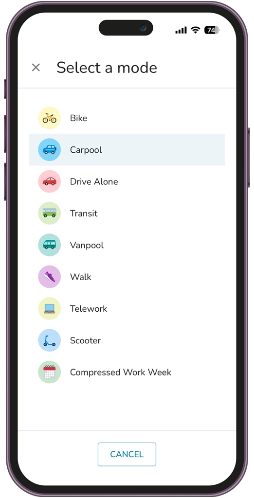 A smartphone screen displays a list of commute options: Bike, Carpool (highlighted), Drive Alone, Transit, Vanpool, Walk, Telework, Scooter, and Compressed Work Week. A "CANCEL" button is at the bottom.