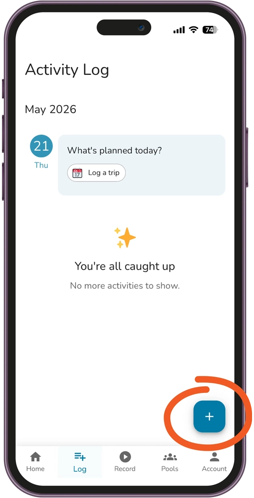 A smartphone screen displays an activity log for May 2026 with no activities to show. A large orange circle highlights a blue plus (+) button in the lower right corner.