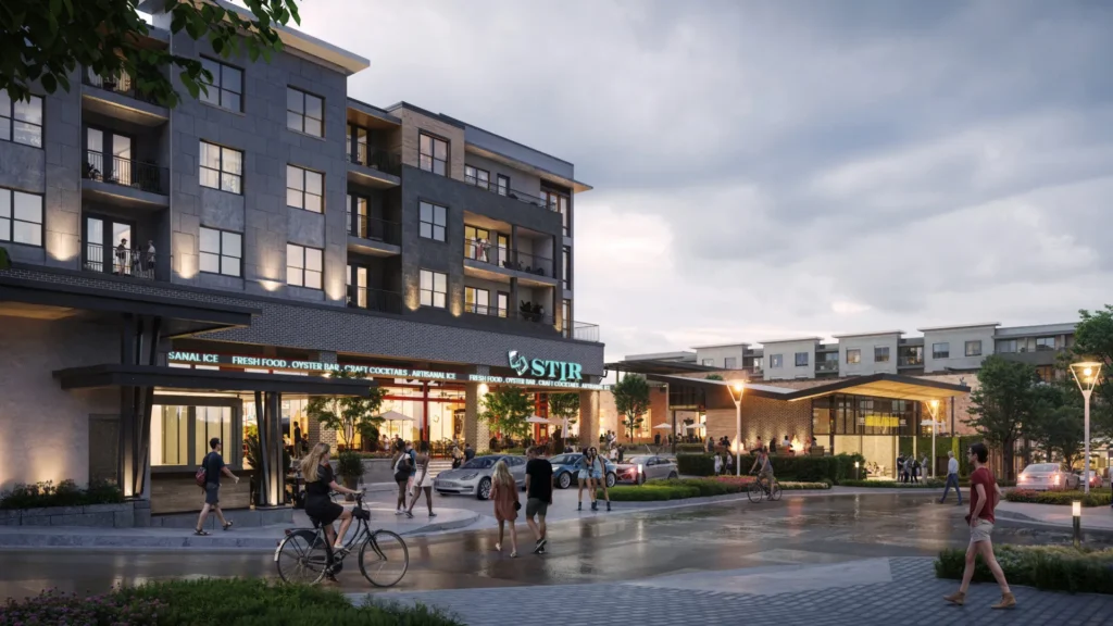 People walk and bike near modern apartment buildings and shops at dusk, with a restaurant called “STIR” visible, cars parked, and trees and lights adding to the lively, urban atmosphere.