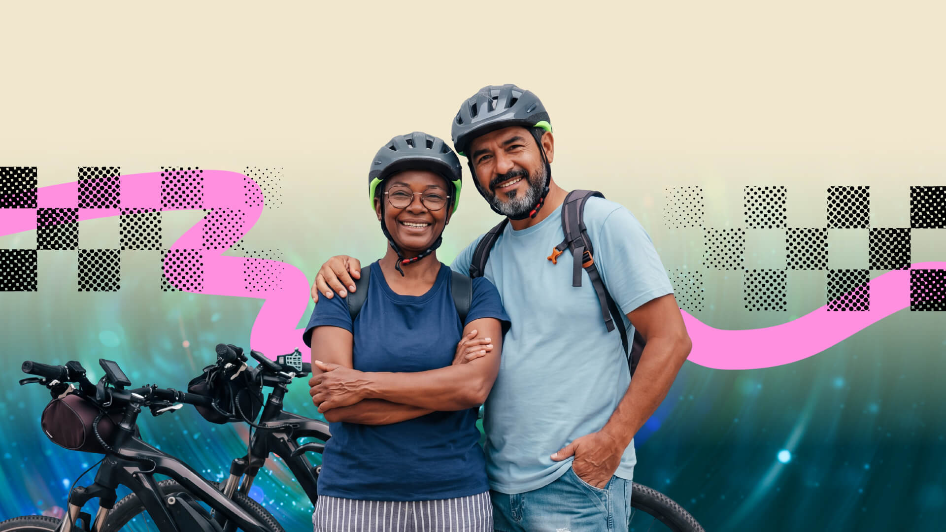 Two adults wearing helmets stand close together, smiling beside bicycles. The background is a digital mix of abstract patterns with pink and black shapes on a light and blue gradient backdrop.