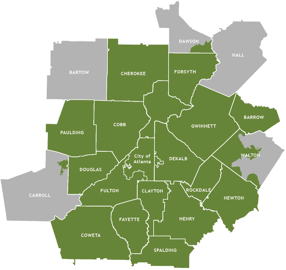 A map showing metro Atlanta counties in green, including Fulton, Cobb, DeKalb, Gwinnett, Clayton, and surrounding areas; adjacent counties are shown in gray.